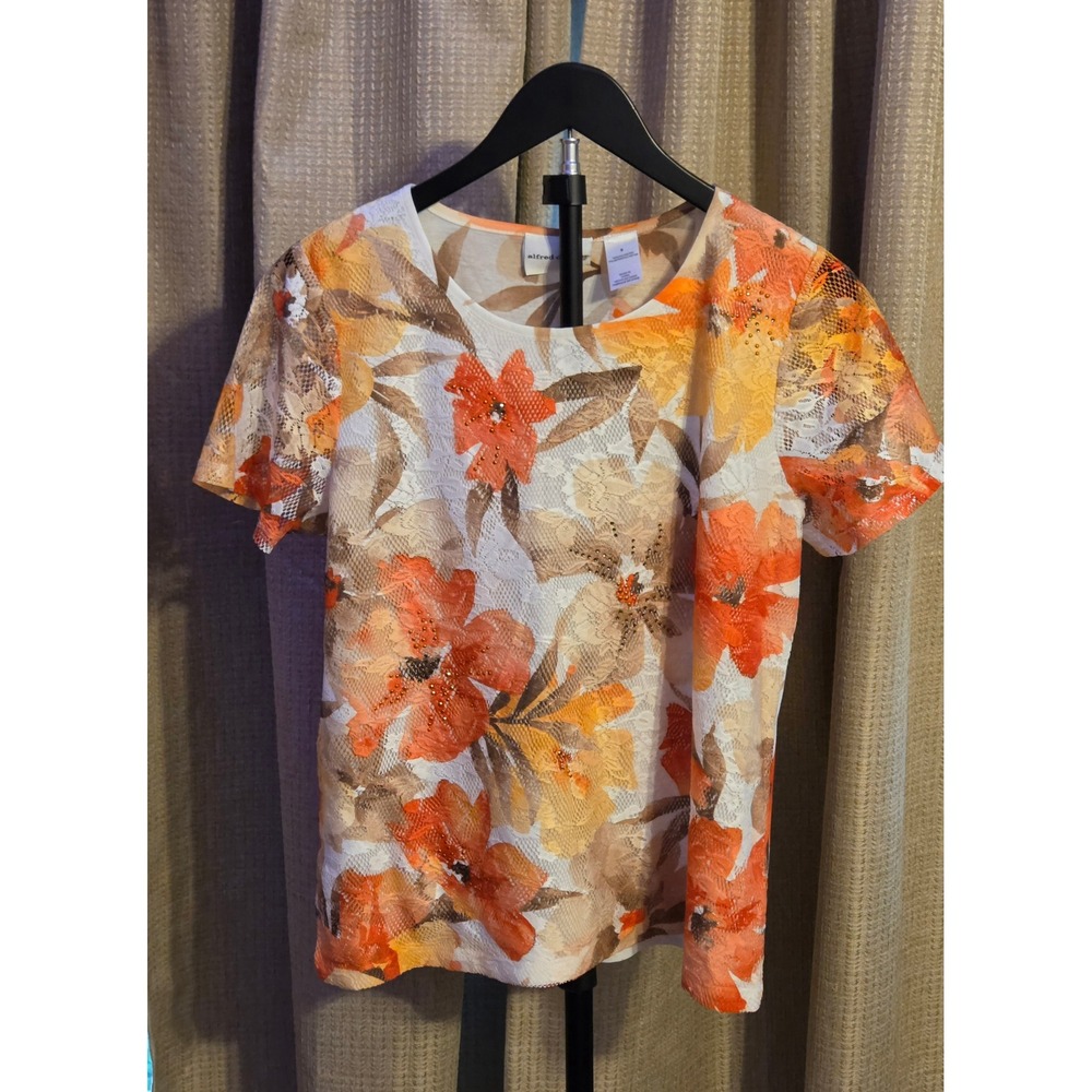 Alfred Dunner Lace Floral Print Short Sleeve Blouse Women's Size Small